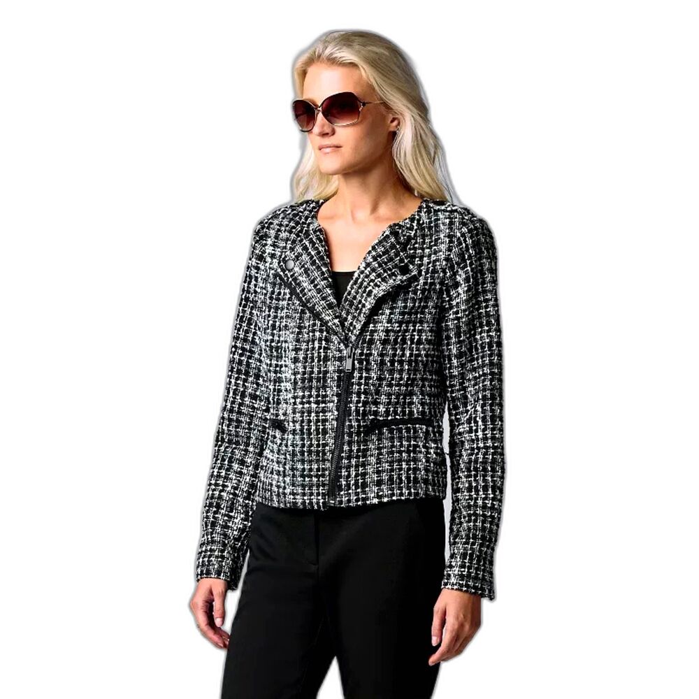 Simply Vera Verawang Blazer Jacket Size M Zip Front Black White Snap Down Lapels
